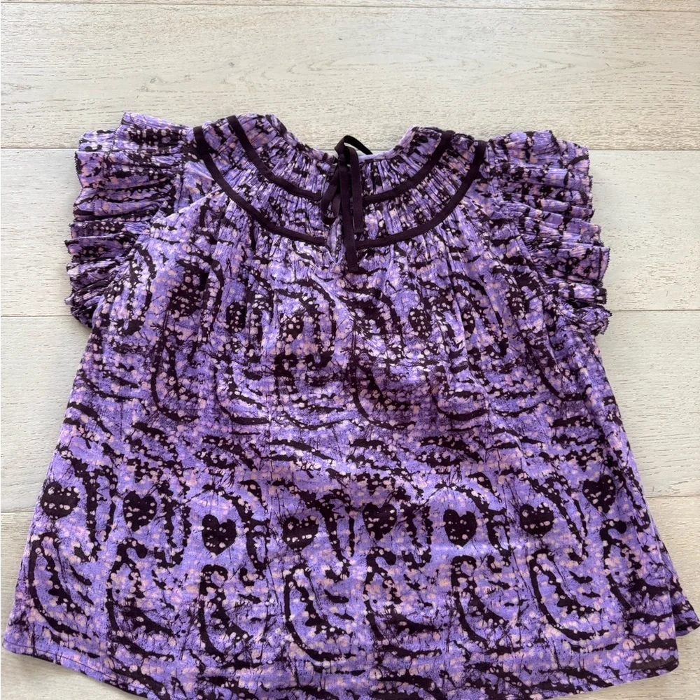 ULLA JOHNSON Amai Blouse Purple Batik Top Size 4 Small Flutter Sleeve Boxy - Picture 7 of 11